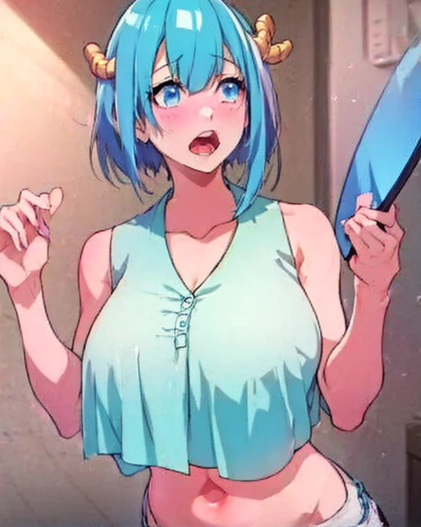 (( close、16k、highest quality、Attention to detail、Rich skin detail, nsfw、Loli)),(Chubby)、 (Beautiful Eyes), ((Swollen nipples、Small breasts、Both armpits、Hands behind head、Spreading her legs)),Lying in bed、 ((White and blue dress、Light blue dot panties、Sweat))、(Yellow Eyes)、((((Long twin tails))))、((Light blue hair、Hair intake、Ahoge)),  Yellow ribbon、((blush))、(Wide Hips、Thick thighs)、((((Embarrassing))))、((Dark concrete room、Jail))