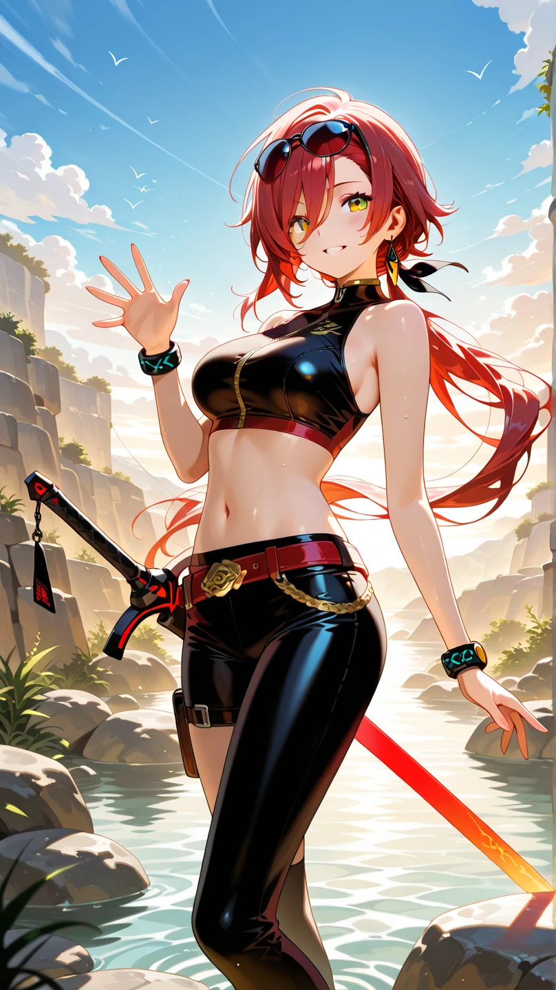 Japanese demon girl with tiny panties and ripped top, crazy face, sarcastic smile, punk hair, mohawk hair, colored hair, slim and well-defined body, Waist slender, nude belly, coxas nuas, Dirty laundry, world after apocalypse, wasteland, sexly, pose de atitude, Create a cool character for a gacha game based on the game Zenless Zone Zero, female character in devil clothes in warm colors, S-level fire elemental character, devil horns and tail, beautiful and cute face, nymph body, lolly, haughty, devilish smile, wielding a serrated sword, pose de atitude, aggressive movements, Shark teeth