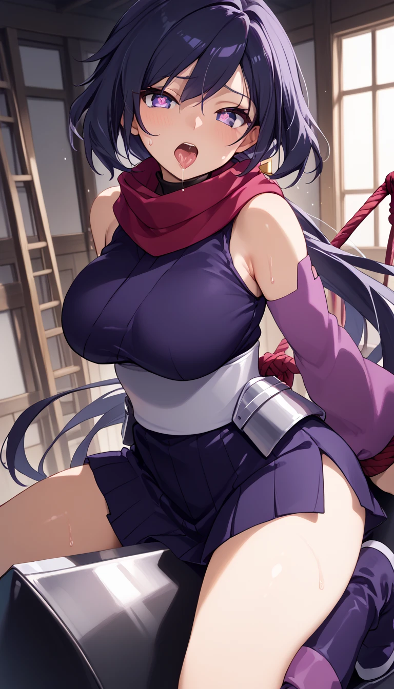 ayame \(gundam build divers\),(dark blue hair),very long hair, split ponytail, ninja, detached sleeves, red scarf, black thighhighs,(ninja mask), kimono,  purple sleeves,bare breasts,nipples,(dark blue panty:1.3), (upper body:1.3),embarrassed ,blush,spread armpit, arms behind head,(spread legs:1.3),(legs up),(cameltoe:1.3), masterpiece,Noise Reduction,perfect anatomy,high resolution, ultra-detailed,game cg,dutch angle ,beautiful detailed eyes,visualart,five fingers, perfect hands, perfect lighting,