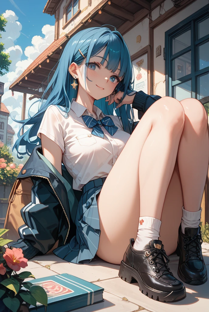 official art, masterpiece, sharp focus, (beautiful gorgeous cute korean woman:1.3), (beautiful cute korean woman:1.3), korean beauty, delicate and beautiful hair and eyes and face, realistic, super detailed, beautiful girl, blue sky, glowing white particles, (sidelight:1.2), sunshine, white clouds, fine clouds, slender, pretty breasts and big ass, showing teeth and laughing, ((laughing with eyes, Open both eyes)), scenery, long straight hair, sexy look, building, (cityscape: 1.7), dynamic hair, long straight hair, detailed platinum mint green hair, shining blue eyes, (blue pleated shirt + white skirt), white long socks, white skin, hair ornament, magnificent landscape,