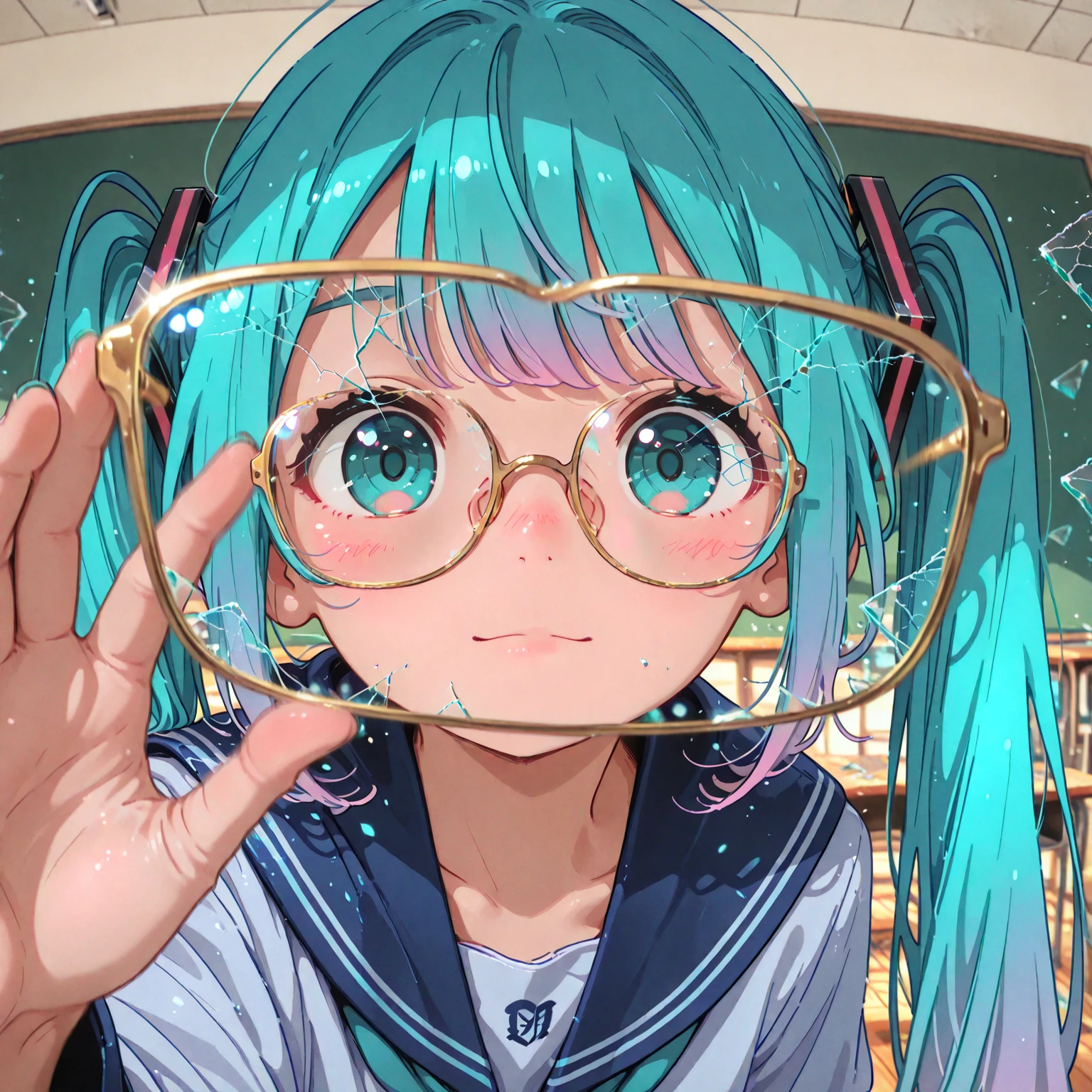 2d, masterpiece, best quality, anime, highly detailed face, highly detailed eyes, highly detailed background, perfect lighting, 1girl, solo, gawr gura, shark girl, shark tail, standing, massive breast,round glasses,