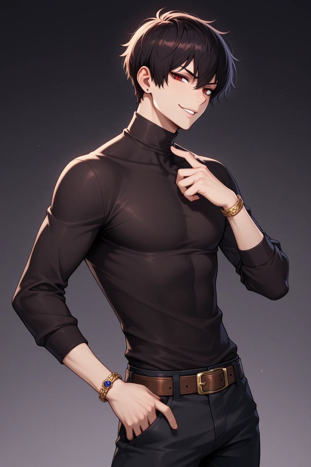 (25-year-old male:1.5) and (Black short hair) and (blue eyes)
(black:1.3) and (T-Shirts)(looking away:1.5),upper body、
shiny skin, masterpiece、Highest quality、Side shot
(The background is the dining room at night:1.5)、smile,(alone:1.5)、Arms crossed、Are standing