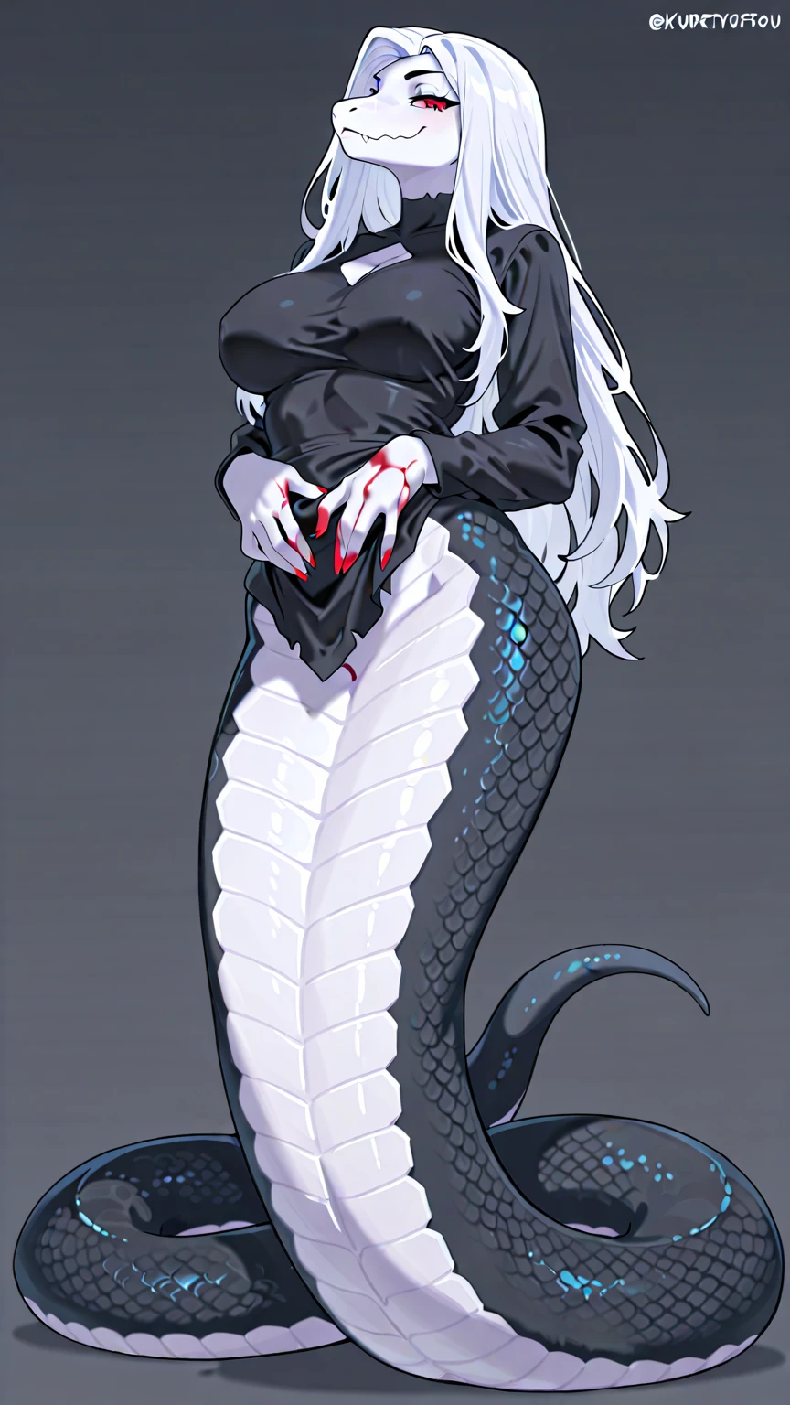 pale skin anime girl, long black hair, green snake eyes, Fangs, Sharp nails, Pearl Necklace, pearl earring, white furry jacket and sexy black dress, black heels.