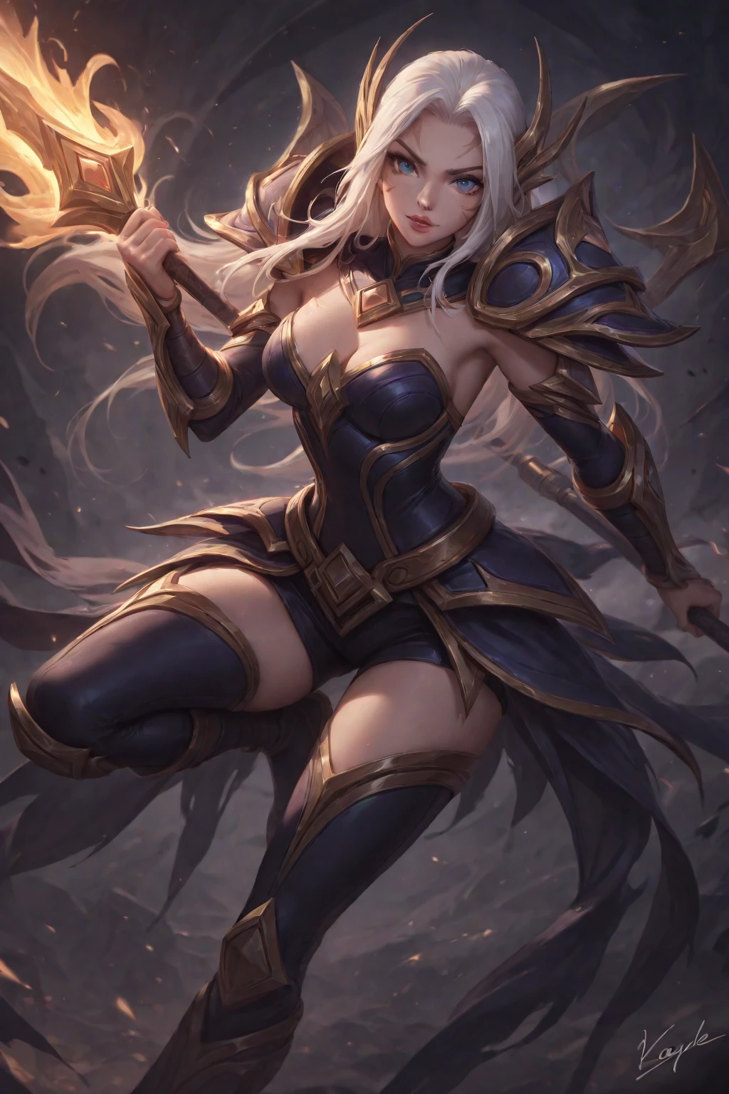 Beautiful young blonde woman, smirking, evil, looking down at camera, low angle, (1girl:1.8), (from_below:1.8), background cosmic, cinematic hd 4k 8k highly detailed octane render trending artstation, Dynamic Light (best quality), (best illustration), (best shadow)