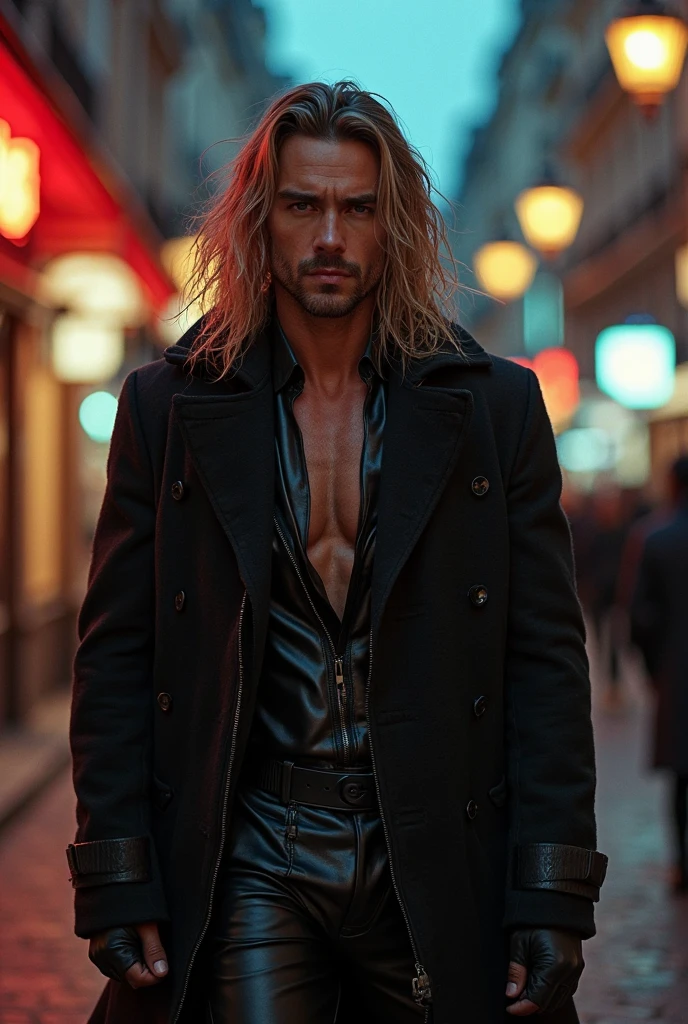(Best Quality, detailed, restoration of faces and hands, Professional lighting) scandinavian young muscular man, copper hair and silver tips with a fade, onyx colored eyes, in an outfit of a black trench coat walking under a rainy night