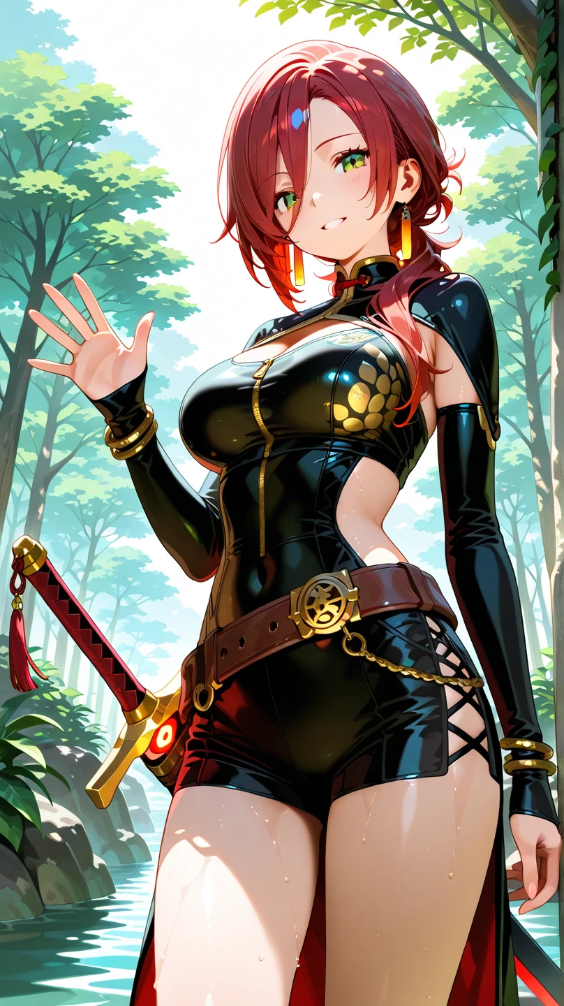 masterpiece, 1girl (ecchi girl),((adult woman, outdoors,mini_swingsuit,large breasts,red hair,necklace,hot body,seductive ,smile,midriff,breasts up)),(smiling excessive,licking,seducing breasts up,bulky nipples), ((nighttime)),(big breasts:1.2),makima,cleavage,(seducing with butt up,hot position),(best quality,the best quality of makima walking on a forest),(forest),(yellow makima eyes),(scary,night,dark,strange night,fear,dark)
