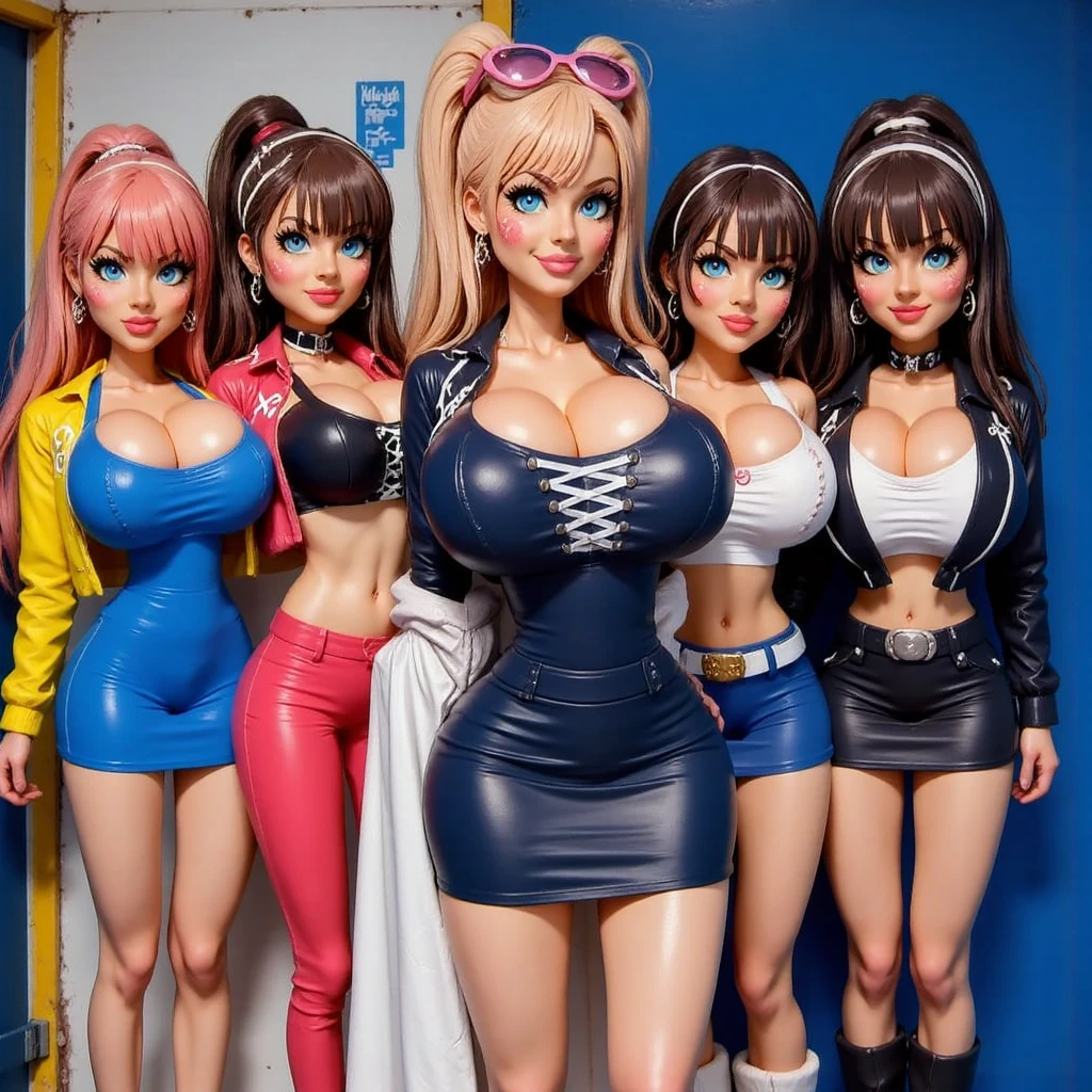 three Italian girls in their twenties in leather overalls, exposed breast, nude with long spiral curly hair. The girl in the center is having her hair shaved with an electric razor, leaving several bald patches, as the locks fall on their clothes, legs and on the floor. The atmosphere is playful and fun, with great attention to detail of the shine and texture of the curls.
