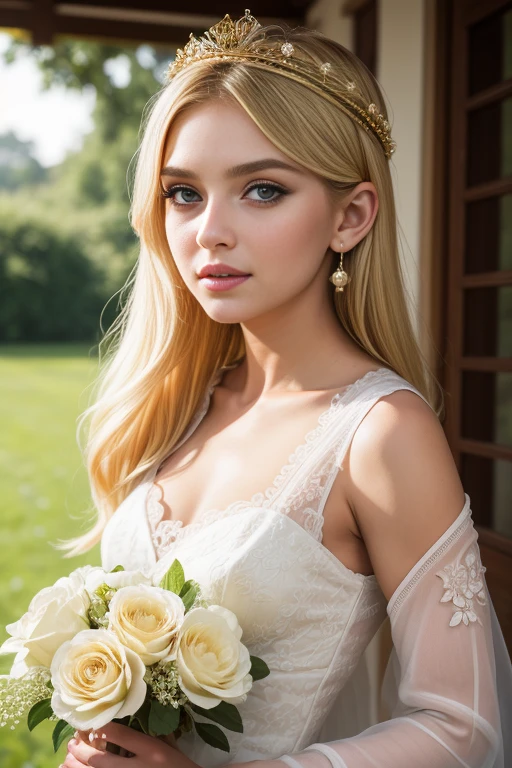 A 23-year-old blonde woman, ((pechos grandes)), ((hiperrealismo)) ,. blonde hair with light brown roots. cabello rubio, Hair with brown roots, cabello extra largo, cabello muy largo, really long hair, Beautiful, Front view, selfie, photo taken with iPhone, elegant red dress with escote, escotada, selfie in the rose garden, high quality, selfie iPhone, cleavage