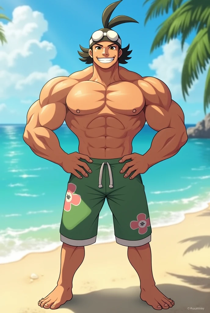 A young man, 22-years-old, solo, Caucasian, masculine face, muscular physique, shaggy tousled black hair, brown eyes, cheerful smile, mouth open, no shirt, shirtless, black swimming trunks, thin silver necklace, small silver earrings, beach, holding a grilled squid on a skewer