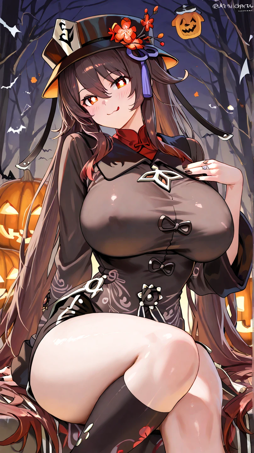 big lips, Brown hair, pink eyes, japanese face, improve, improve grin, two sides up, huge breasts, Wide hips, sexy, detailed, Hallowe'en room, Hits, (evil smile1.4), kawaii, witch skirt, Hallowe'en, GOOD, witch costume, witch skirt, witch shirt, witch choker, witch skirt, witch shirt,navel piercing, Hallowe'en, Witch hat