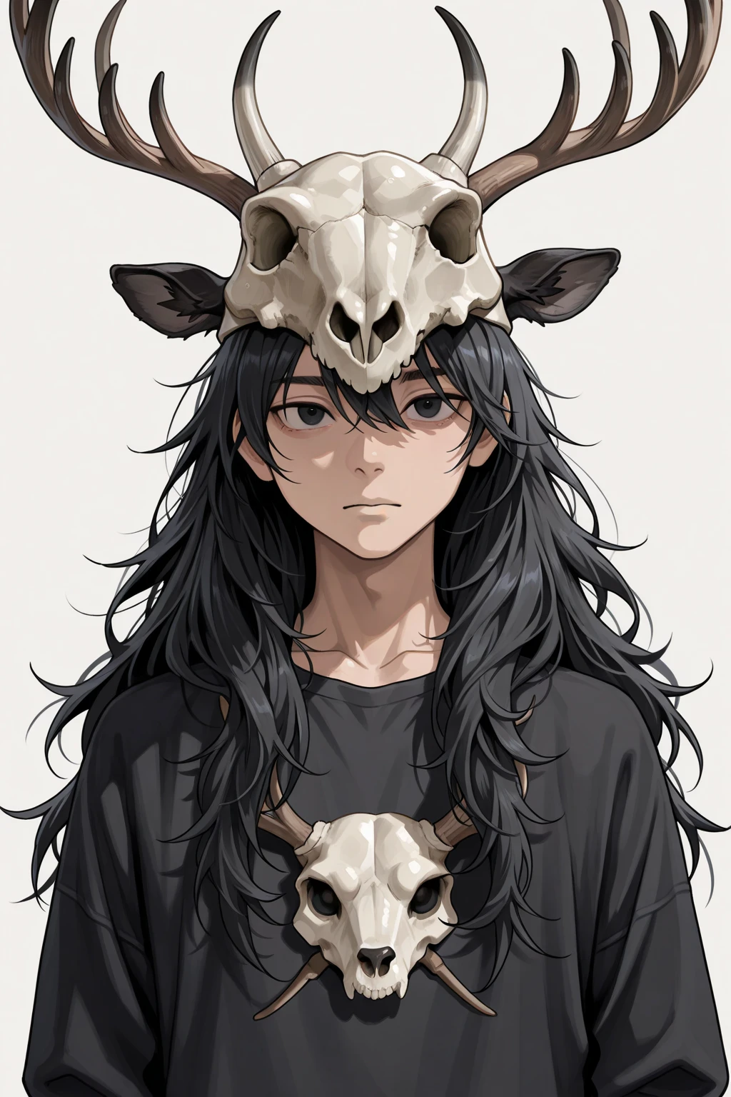a black haired trible man with a deer skull over his head
