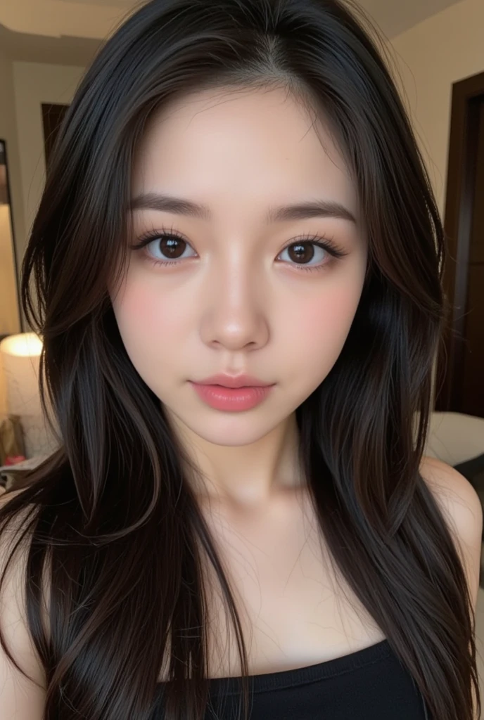 A lovely and sweet Chinese woman, Delicate and sexy collarbone, Attractive goose face, double eyelid, Clever pink eyes, Pink Lips, small, upturned nose, Exposing shoulders, Plump butt, Beautiful long legs, Concentrated face, Face close-up, Ultra HD, Super Detail, Full body photo, Ultra-thin, optimal light transmission ratio, 4 fingers and 1 thumb, Horse face skirt