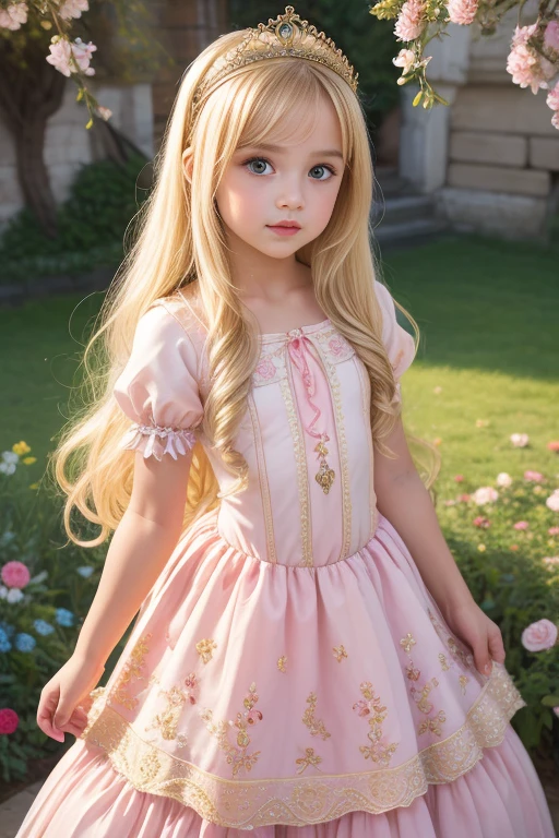 A 6-year-old beautiful girl painted in an oil painting style reminiscent of an impressionist painting. She is fair-skinned and, With long blonde hair、She is wearing a gorgeous Rococo dress. The backdrop is a magnificent, gorgeous, cinematic palace.