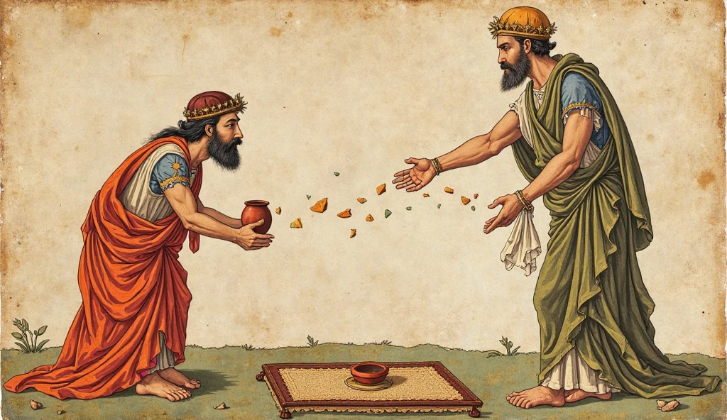 Comic style King Subala, weak and frail, making the decision to give all the food to Shakuni.