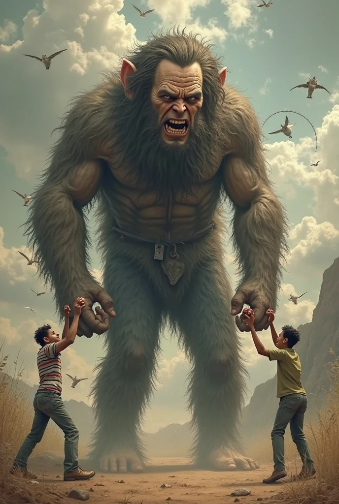 A barbaric father, immensely tall and muscular, with strong arms he sees his two small children fighting and with an agile and determined movement, stands between them. He lifts them with ease, one on each arm, holding them firmly, but without hurting them.