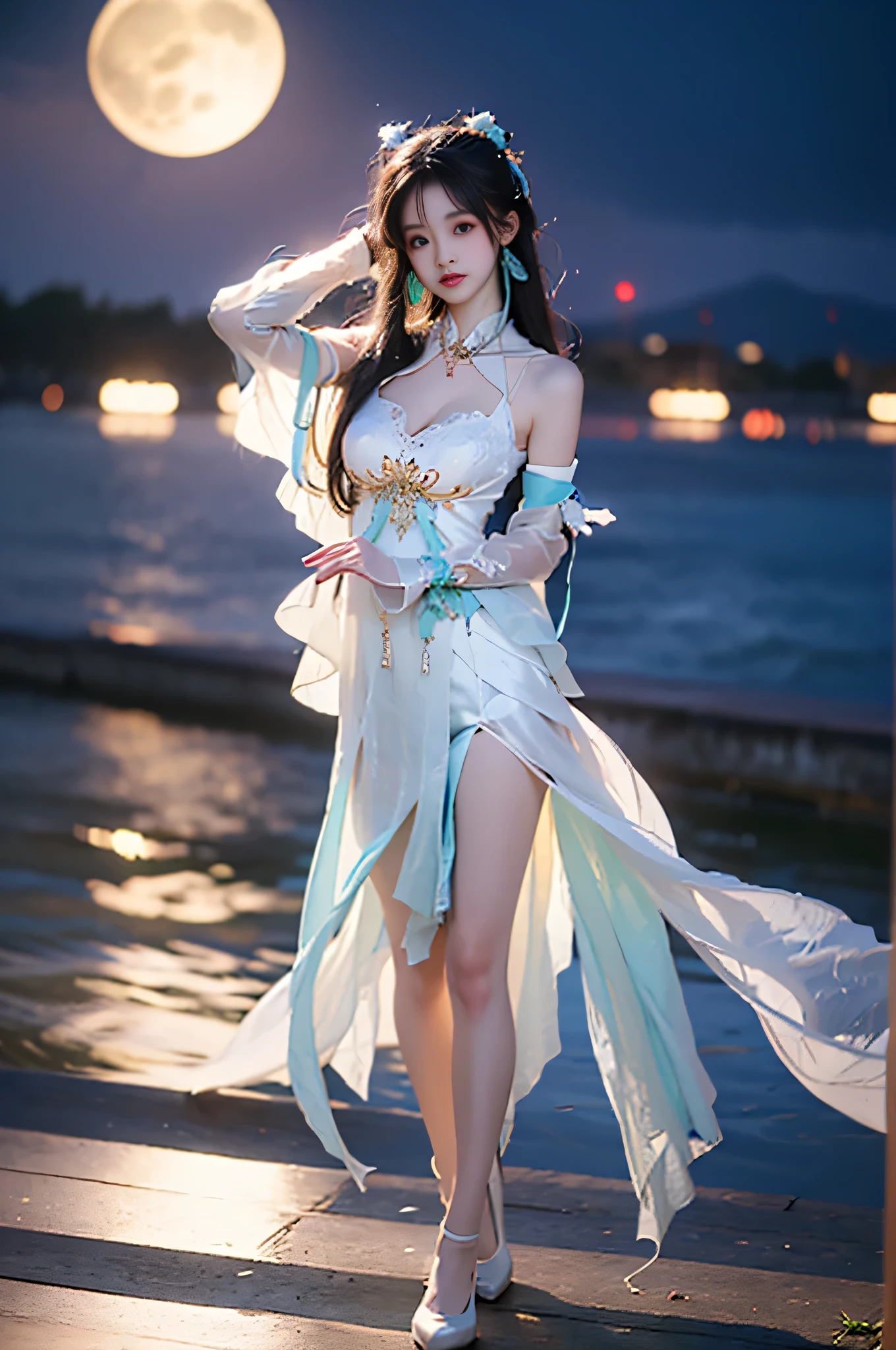 suwen, 1girl, solo, cosplay,hanfu,chinese clothes, necklace, bare shoulders, detached sleeves, long sleeves, detached collar,shoes,hair ornament, hair ribbon, hair flower, jewelry,long hair, brow ,,((full body, from below)), (masterpiece, best quality, ultra-detailed, 8k), realistic, a beautiful sexy long-legged model on a tropical beach, (I-type Valley), (Full breasts, visible cleavage, very short skirt hem, exposed shoulders), (Tyndall Effect), (At night,:1.3 moonlight:1.3), standing in shallow water, one hand playfully lifting her hair, the other gently raising the hem of her flowing summer dress, seductive pose, perfect and symmetrical leg anatomy, glistening water, soft natural lighting, (wind blowing gently:1.1), (ambient lighting:1.2), bokeh, cinematic shot, dynamic angle, professional photography, shallow depth of field, sharp focus, vibrant colors, (slightly tanned skin:1.1), (natural makeup:1.1), (delicate features:1.1), (ocean waves gently lapping at her feet:1.1)