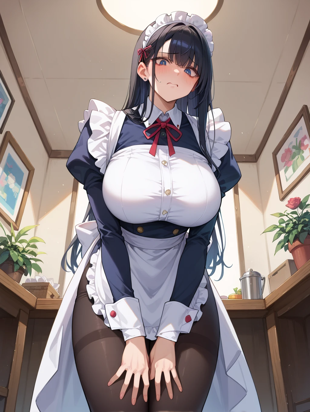 (((Tabletop, Highest quality, High resolution, Pixel perfect, Depth of written boundary, 4K, Pixel Perfect, Perfect in every detail,nsfw,,clothes lift,beautiful red eyes,large breasts,light smile,dpubic hair,alon,solo focus,clothes lift,1 girl,black thigh-high socks))((((hotel,maid)))),masterpiece, highest quality, High resolution, morning, Long Hair, Black Hair, hair band, , Sailor collar, Blue Blazer, Long sleeve, Pleated skirt, Blue Skirt, Black Pantyhose, standing, smile, Open your mouth,