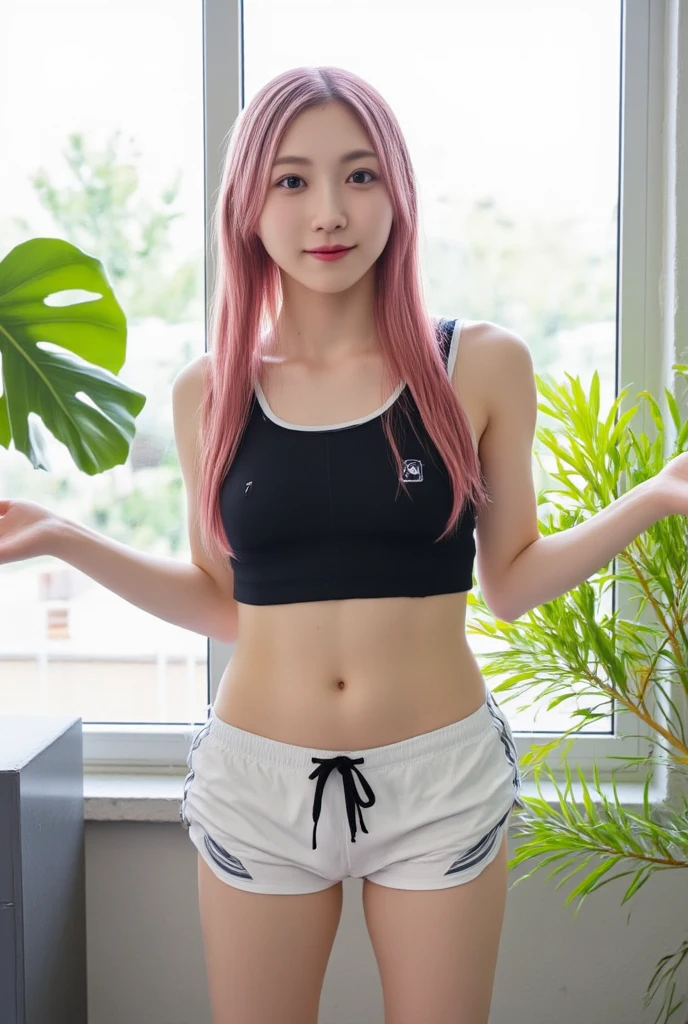 (Pink Hair :1.3), 8k、超A high resolution、highest quality、Masseter muscle area、Photorealistic、Ultra-high resolution、(Huge boobs、Quite large breasts、Toned body、Long black hair ponytail:1.15)(Red and grey high leg racing bloomers、Athletics part、Tracking & Field team uniforms、Espadrilles、Hide all breasts:1.2)(Japanese women、So cute、Groin joint、Sculptural installation、I always sleep on my back、Show me your armpits、Definitely a pretty intense crotch squeeze.:1.28)、playground