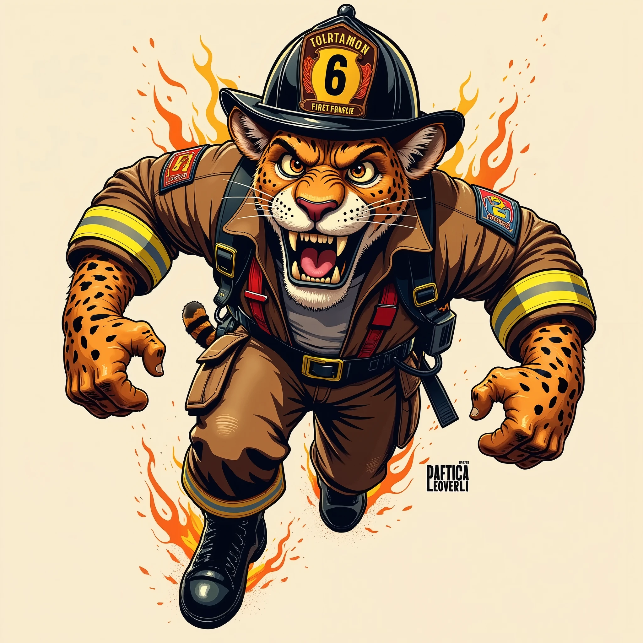 Vector Style, ((comic art)), (cartoon style) a 5, "Vector Style, ((comic art)), (cartoon style) a 5, Vector-style, A flat, cell-shaded vector art logo for a gritty firefighting team featuring a weathered, rough and tough leopard with a wide, muscular stance. The leopard is wearing an oversized, black firefighter helmet tilted low on his brow, just above his eyes. The helmet has a large leather badge with "6" clearly displayed in bold. His expression is intense and gritty, showing determination and battle-hardened strength. He wears a brown firefighter Jacket with reflective stripe around the wrist area, around the chest and around the bottom of the jacket, a white t-shirt and red suspenders, brown cargo pants with orange reflective stripes on the ankle area and black combat boots. the leopard is in mid air, in a pouncing position. The background is minimal focusing on the leopard. The design should be suitable for a t-shirt or decal, with a bold, high-contrast color scheme and clean outlines suitable for printing, best quality, highres, 4K