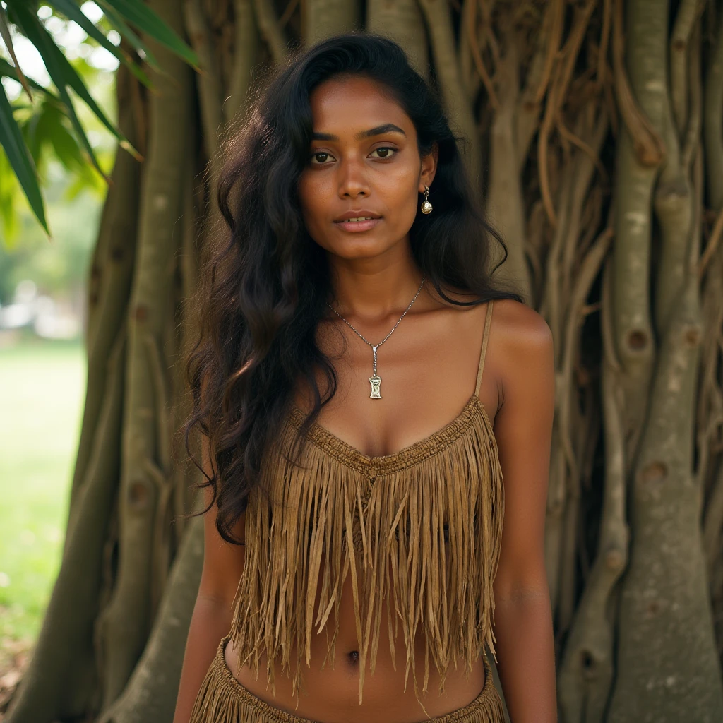A young brown (fair skin Indian female) lady in robe standing at the bank of Lake at the end of the jungle under the Banyan tree, Style-Glass, awarded photo, Masterpiece artwork, high quality, focus solo, breaking a mirror, sad smile, by Nikon D850 Film 4 Kodak Camera Portra 400 F1 Lens.6 colors rich hyper realistic texture dramatic lighting irrealengine trending on artstation cinestill 800,