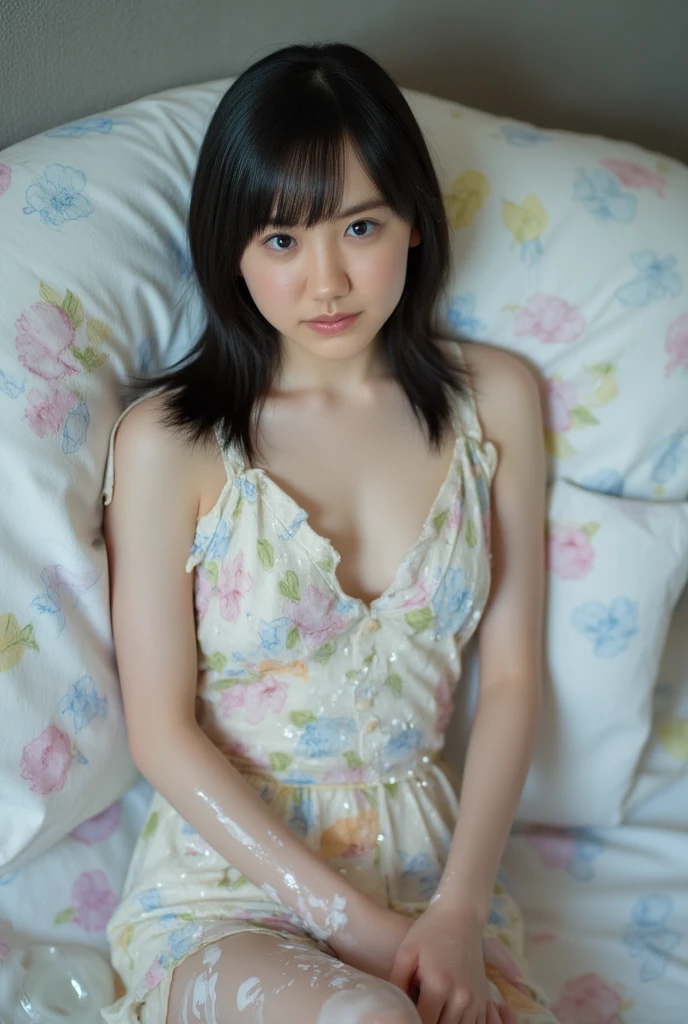 (lying prone),(from above:2),(Highest quality, Very detailed, masterpiece:1.2), 1 female, Very thin body, length, Thin legs, ((Black wavy short hair:1.2)), ((Thick and fluffy bangs)), Very detailedな顔,A faint smile, small, Thin Nose, small thin mouth, Extremely sharply focused eyes, Japanese, Beautiful Face, Realistic eyes, Beautiful and beautiful eyes, Realistic Skin, Beautiful Skin, charm, (Lively Faces), (flowing summer dress camisole evening), Creepy and unique hairstyles, High resolution, Vibrant color palette, , Tim Burton's signature dark shadows and strange details, ,background
