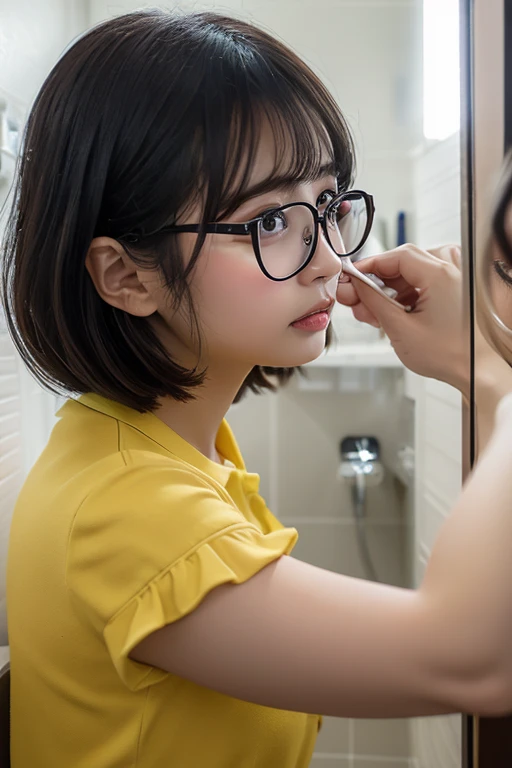 highest quality, Pieces fly, Ultra-high resolution, (that'Photorealistic:1.4), RAW Photos, 1 girl, ((Cafe staff)),((Cute Uniform)),(white t-shirt and jeans)),((beige apron)), Hair tied up, Plain black newsboy cap,Slender body,Fine grain,(Realistic eyes),Delicate face,realsK-san in,Detailed Hair,Detailed sKさんin, Very large breasts, Always wear glasses, Pretty face, Blowjob, Holding an invisible cylindrical object and bringing it close to his mouth, Kneel, Close ~ eyes, Drooling is coming out of the mouth