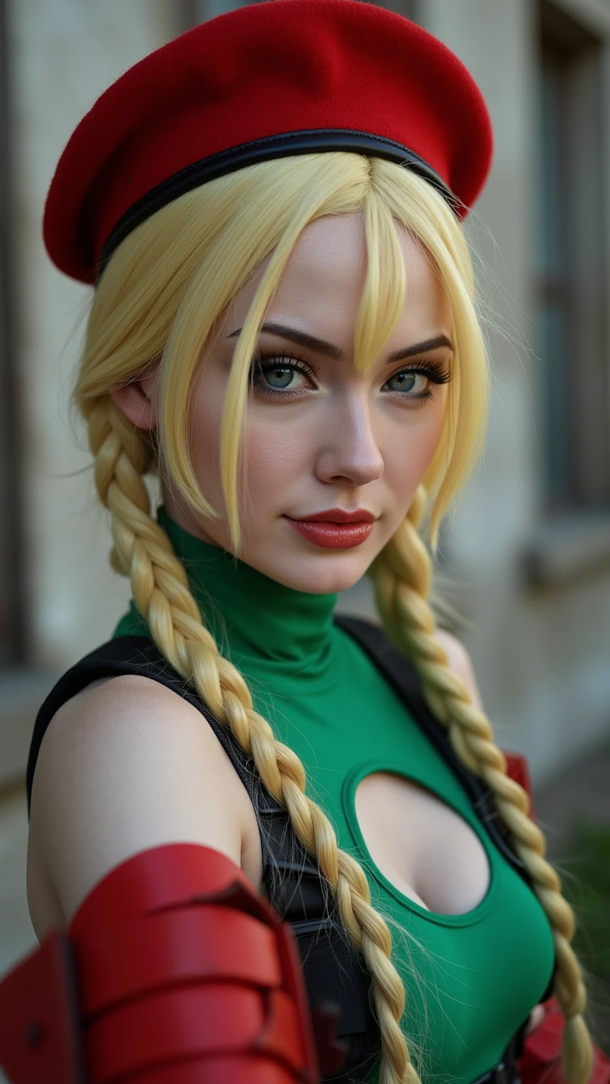 masterpiece, highest quality, High resolution, One girl, Cammy White, Twin Blade, Braid、Long Hair, Blonde Hair, Antenna Hair, beret, (Red Hat:1.3), blue eyes, Wounds on the cheeks, Green leotard, big boobs 36 DD, No sleeve, Red gloves, Fingerless gloves, Camouflage, Cowboy Shot, Are standing, Outdoor, Arms at your sides, Straight,