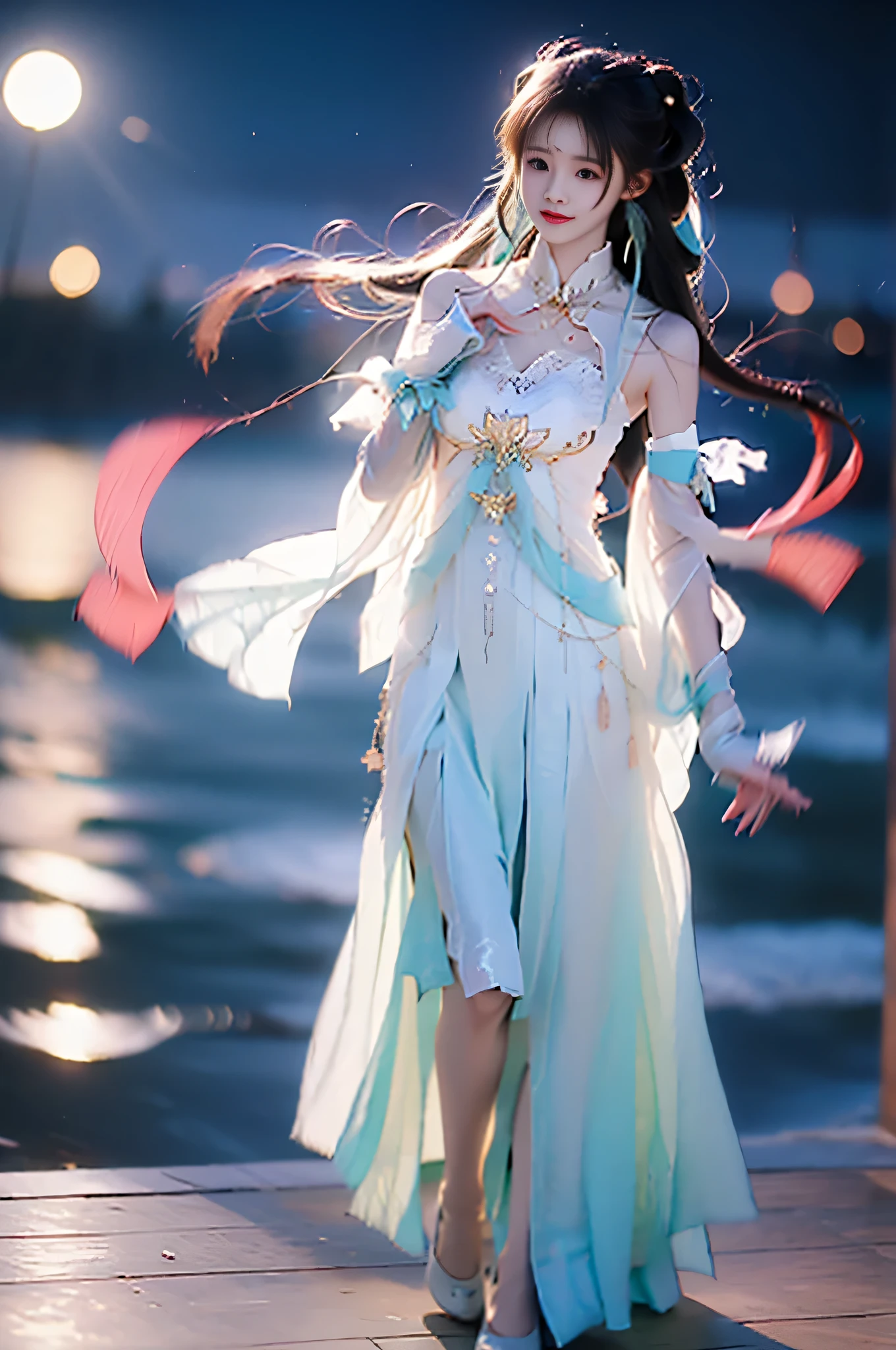 suwen, 1girl, solo, cosplay,hanfu,chinese clothes, necklace, bare shoulders, detached sleeves, long sleeves, detached collar,shoes,hair ornament, hair ribbon, hair flower, jewelry,long hair, brow ,,((full body, from below)), (masterpiece, best quality, ultra-detailed, 8k), realistic, a beautiful sexy long-legged model on a tropical beach, (I-type Valley), (Full breasts, visible cleavage, very short skirt hem, exposed shoulders), (Tyndall Effect), (At night,:1.3 moonlight:1.3), standing in shallow water, one hand playfully lifting her hair, the other gently raising the hem of her flowing summer dress, seductive pose, perfect and symmetrical leg anatomy, glistening water, soft natural lighting, (wind blowing gently:1.1), (ambient lighting:1.2), bokeh, cinematic shot, dynamic angle, professional photography, shallow depth of field, sharp focus, vibrant colors, (slightly tanned skin:1.1), (natural makeup:1.1), (delicate features:1.1), (ocean waves gently lapping at her feet:1.1)