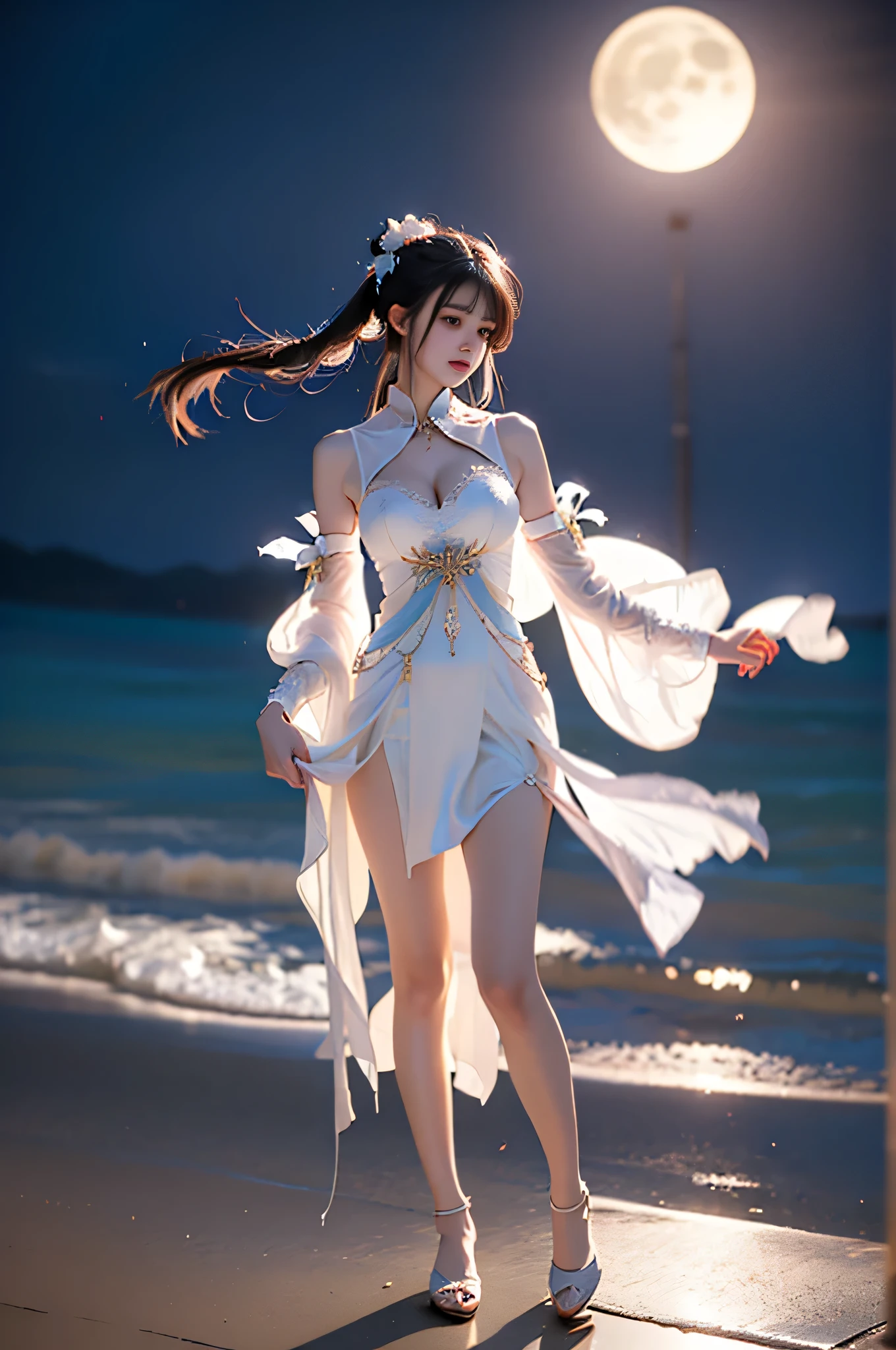 ((Candace_Genshin Impact)), (Practical, photoPractical),((Dark Skin)), ((Hair accessories)), Blue Hair, Bangs, ((Double tail)), (White top), ((Bare shoulders)), jewelry, Gastric incision, (Pink see-through lace panties),((transparent)), navel, Separate sleeves, sandals((Bare shoulders)), ((whole body)), Practical, Fashion girl, Red lips, Become a, cosmetic, big eyes, fair eyes, ((whole body)), ((From below)), (best quality, masterpiece:1.2), Ultra Detailed, (Practical:1.37), ((Sexy long legs)), fair, Young and energetic, Charming model with, Large Breasts, cleveage, (Delicateeyes, Delicate lips, extremely Delicateeyes), Show a bright smile, Create stunning girl images, warm color, Very high color saturation, official art, Extremely detailed CG unified 8k wallpaper,(High Dynamic Range :1.4), (Movie),(Soft colors, Dull Color, Soothing tone :1.3), (Natural skin texture, ultra-Practical, Soft Light, sharp),(Very detailed), night, moonlight, ((In the mountains, plant, Leaning against the rocks))