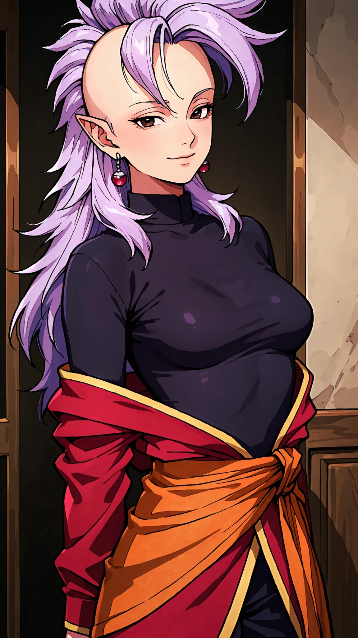 West Supreme Kai, off shoulder red Supreme Kai outfit, black inner wear, black turtleneck, light smile, looking at viewer, slender figure, delicate complexion, mature appearance, mature grace, medium breasts, curvy, long blue-purple mohawk, long hair, spiky hair, mohawk,