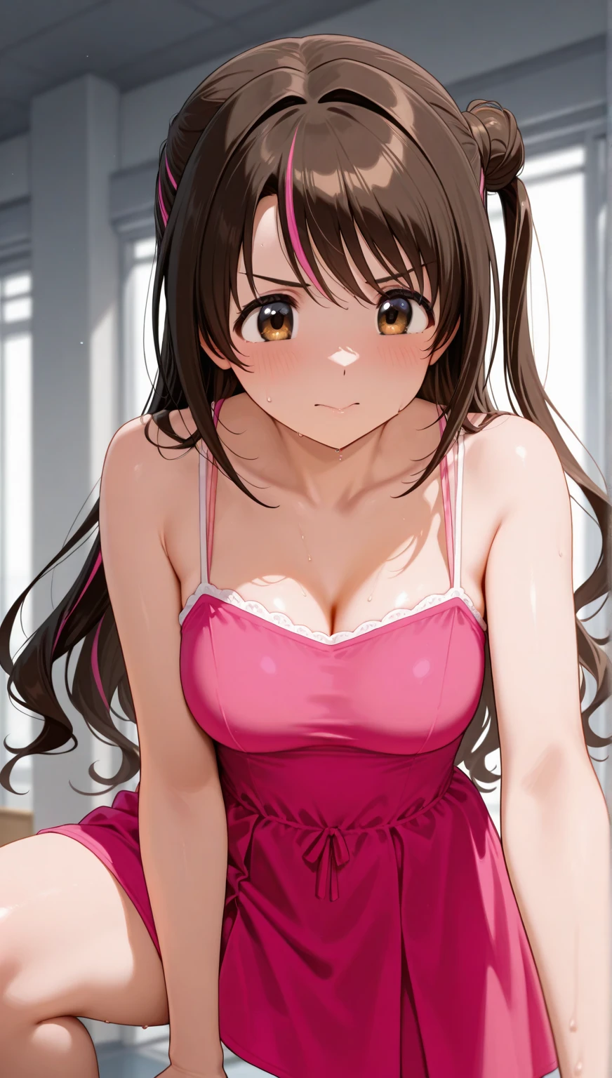 A young woman in a lavender bra and panties set is standing in front of a window. The woman has long brown hair and is looking at the camera with a smile. The image is taken from a slightly low angle.