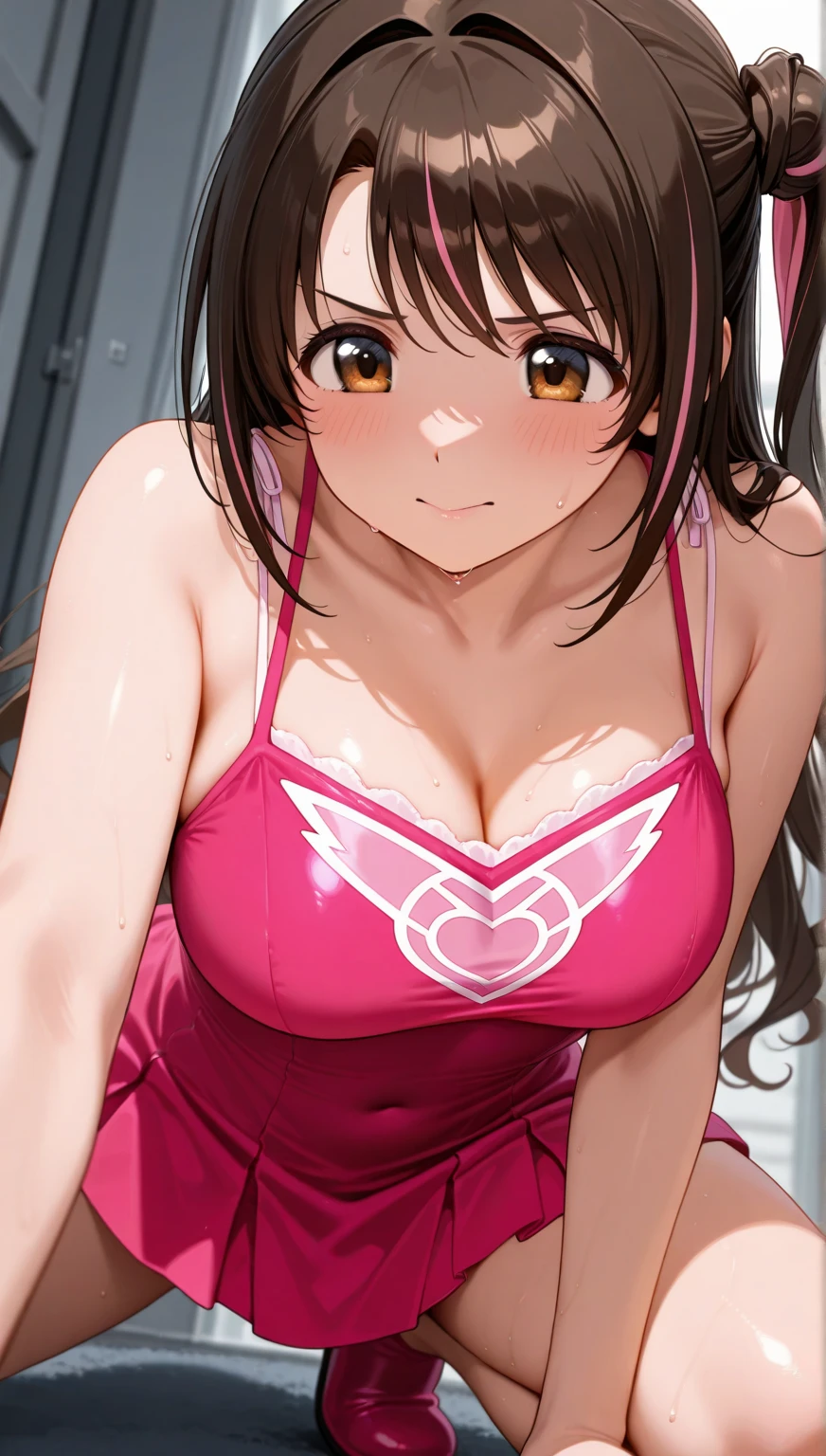 (Best quality:1.3), brown ponytail, large breasts, cleavage, Pink nurse outfit, smiling, (pov, close shot)