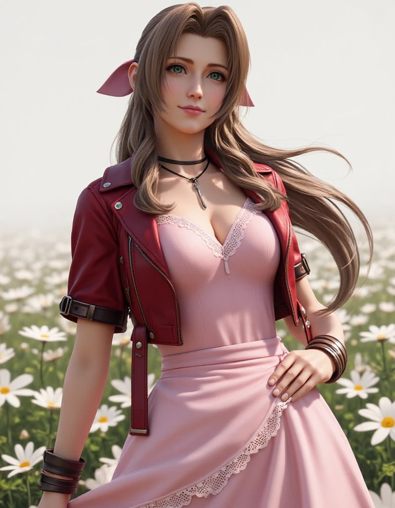 Aerith Gainsborough, aerith_gainsborough,  ff7, sultry face, (red open jacket), pink dresrown long hair ),  (green eyes:1.3) long eyelashes, beautiful green eyes with brightness, surrealism, shadow, , atmospheric perspective, cinematic lighting, ray tracing, 8k, super detail, best quality, masterpiece, well detailed, big breasts, slim, white thong  anime style, Perfect Eyes,Chocker, Long Pink Dress,Busty boobs