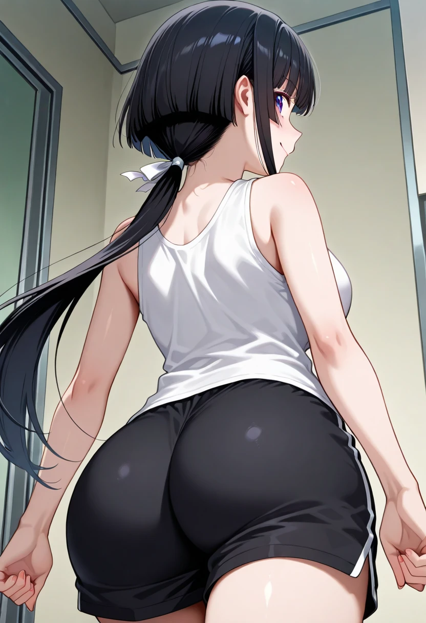 solo_focus, {{{{{huge ass}}}}},huge hips,ass focus, bouncing ass, thick, curvy, arched back, half closed eyes, from top of hip,from below,squatting,
{{{{{{steam}}}}}},{{{{{steaming body, sweat}}}}}, outdoor, looking back, seductive smile, asshole,ass hair,
1girl,nsfw ,black hair,brown eyes,,one-piece swimsuit,in bedroom,school swimsuit,twin tail,flat creast,blush,