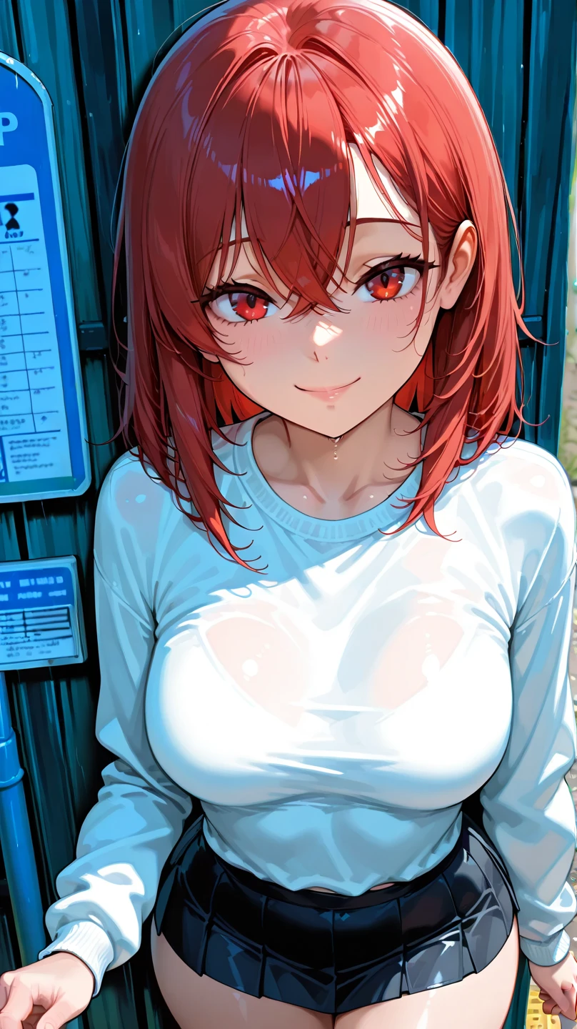 Corporate girl,red hair,short hair,red eyes,gigantic breasts