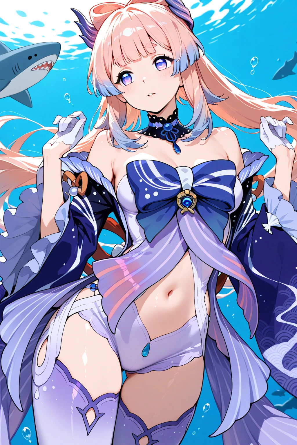 score_9,score_8_up,score_7_up, 1girl, highres, pink_hair, sangonomiya_kokomi, genshin_impact, purple_eyes, white_gloves, bow-shaped_hair, absurdres, long_hair, bare_shoulders, blue_hair