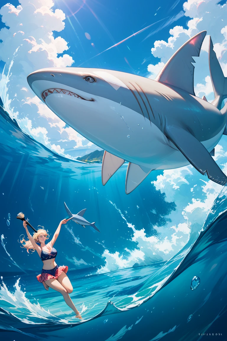 A girl riding a shark like a surfboard, pink bikini, detailed eyes and lips, shimmering water, sunny beach, tropical palm trees, exhilarating waves, beautiful sunlight, vibrant colors, energetic and playful atmosphere, dynamic pose, beachy vibes, adventurous spirit, water splashing, realistic rendering, high-resolution artwork, professional quality, vivid colors, captivating scene, enchanting summer day, surreal and exciting experience.