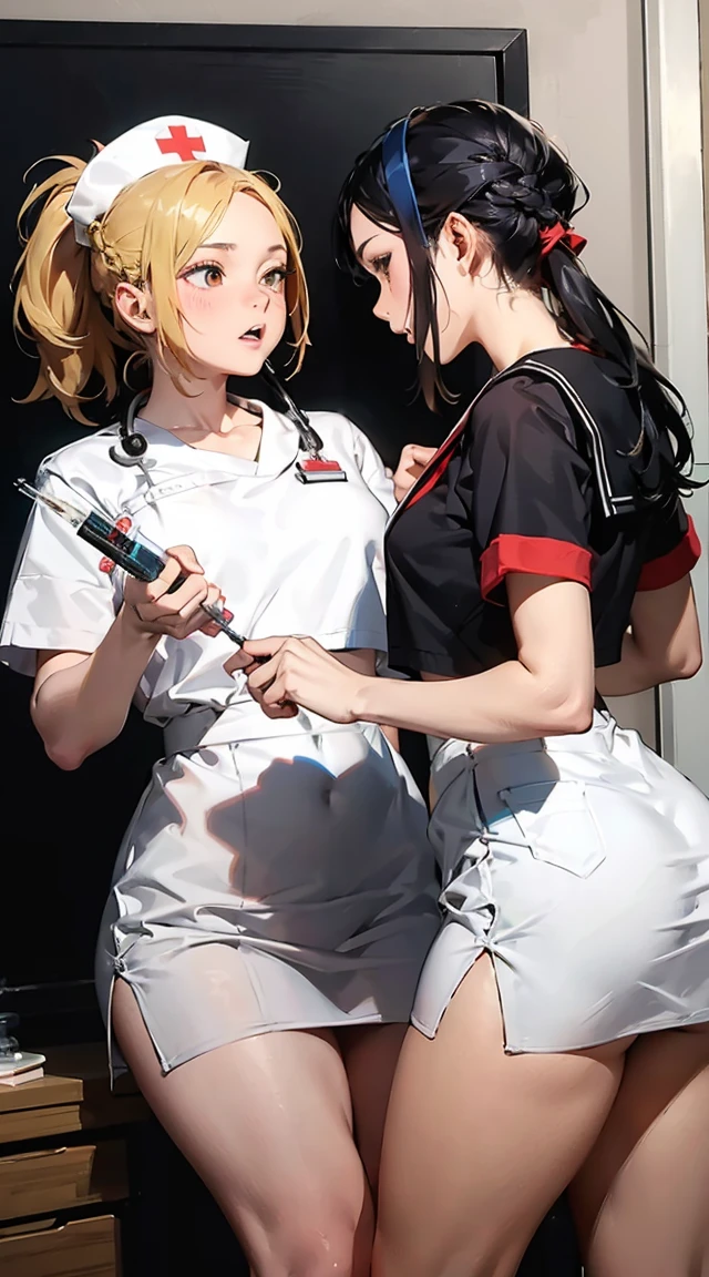 (((Aqua and megumin kissing in a sexy white nurse outfit))) in a white nurse outfit with a short and raised miniskirt (((having vaginal sex with a man))), happy faces, innocent looks, big breasts, buttocks medium-sized, short and raised miniskirt, no panties, naked vagina, naked breasts, white transparent lace stockings, heels, vagina vagina, abundant semen dripping from the vagina, (((2 girls))), (((aqua and megumin kissing ))), vaginal sex, vaginal sex, vaginal sex in the hospital, thighs, detailed vagina, penetration, (((different positions))), aqua and megumin, naked breasts, abundant semen dripping from the vagina, vaginal sex, hospital , white nurse suit, sexy, details,