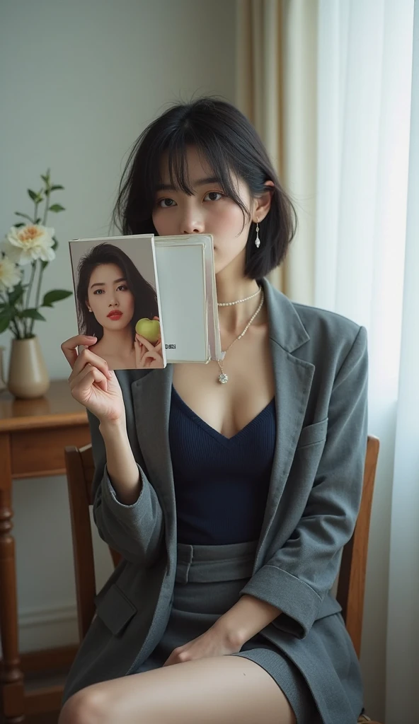 (​masterpiece:1.3), (8K, Photorealsitic, Raw photography, Top image quality: 1.4), japanes, (1girl in), beauitful face, (Lifelike face), (A dark-haired, a short bob:1.3), Beautiful hairstyle, realisticeyes, Eyes in Beautiful Details, (real looking skin), Beautiful skins, enticing, 超A high resolution, A hyper-realistic, focus on chest、high detailing, the golden ratio, (Detal Face:1.2)、((Sitting and looking at your phone、Train seats:1.3))、(Staring at the phone in your hand、cross one's legs)、opened white shirt,middlebreasts,deadpan、looking downwards、Don't look here