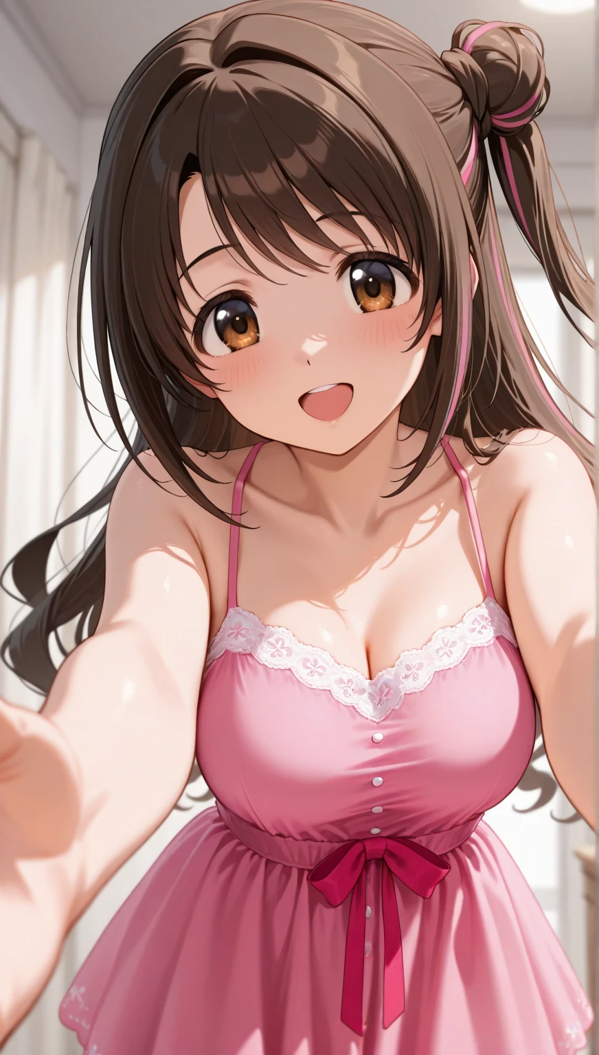(Best quality:1.3), brown ponytail, large breasts, cleavage, nurse outfit, smiling, (pov, close shot),show NSFW,pink bra