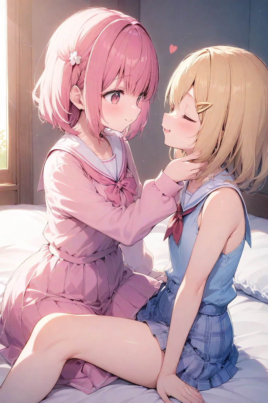masterpiece, Highest quality, so beautiful, Absurd,High resolution,One girl, One boy,Cuddling in bed, like,sexy,Look at each one, blush,Age difference,bow tie,Blonde,chest,Long Hair,Pink Hair,pleated skirt,Tucked in shirt,short hair,skirt,smile,Tent shirt