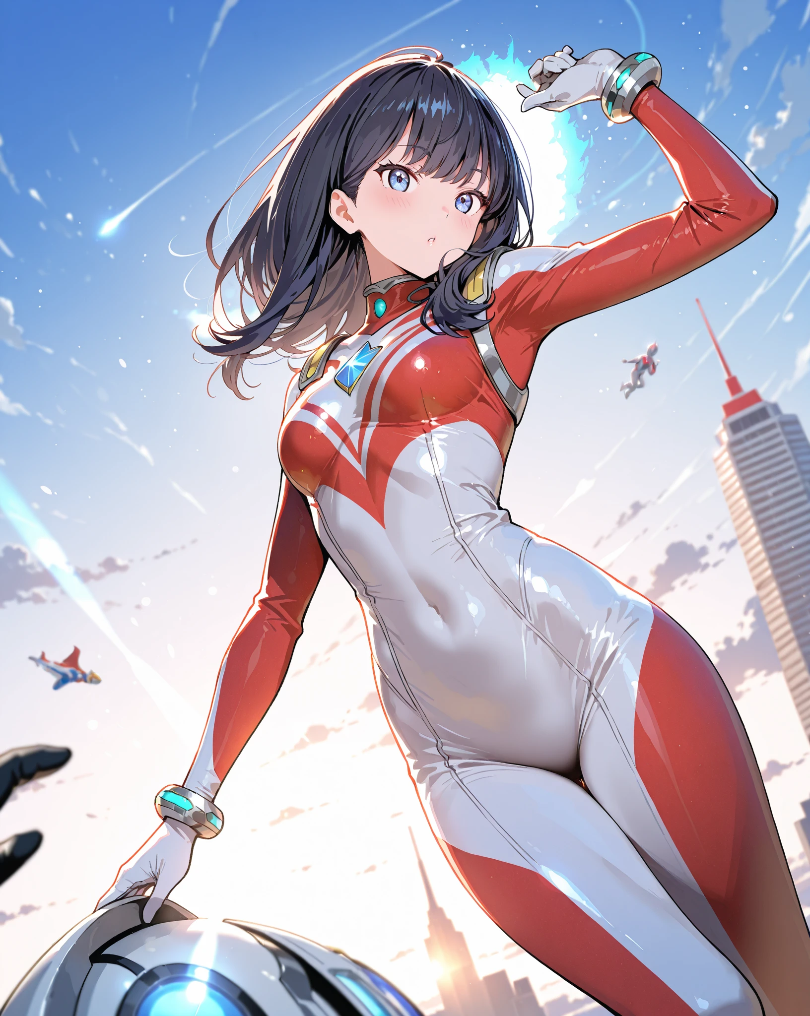 masterpiece,best quality,highly detailed,1girl,solo,takarada rikka,ssss.gridman,medium hair,black hair,blue eyes,large breasts,
<lora:Ultgp-16b:0.7>,(ultgp :1),red ultraman bodysuit,<lora:GTSv5:0.8>,
building,city,clenched teeth,one eye closed,struggling,giantess,giant,between buildings,
<lora:glassChamber:0.6>,glassChamber,from outside,glass,chamber,against glass,drum (container),black circle frame,