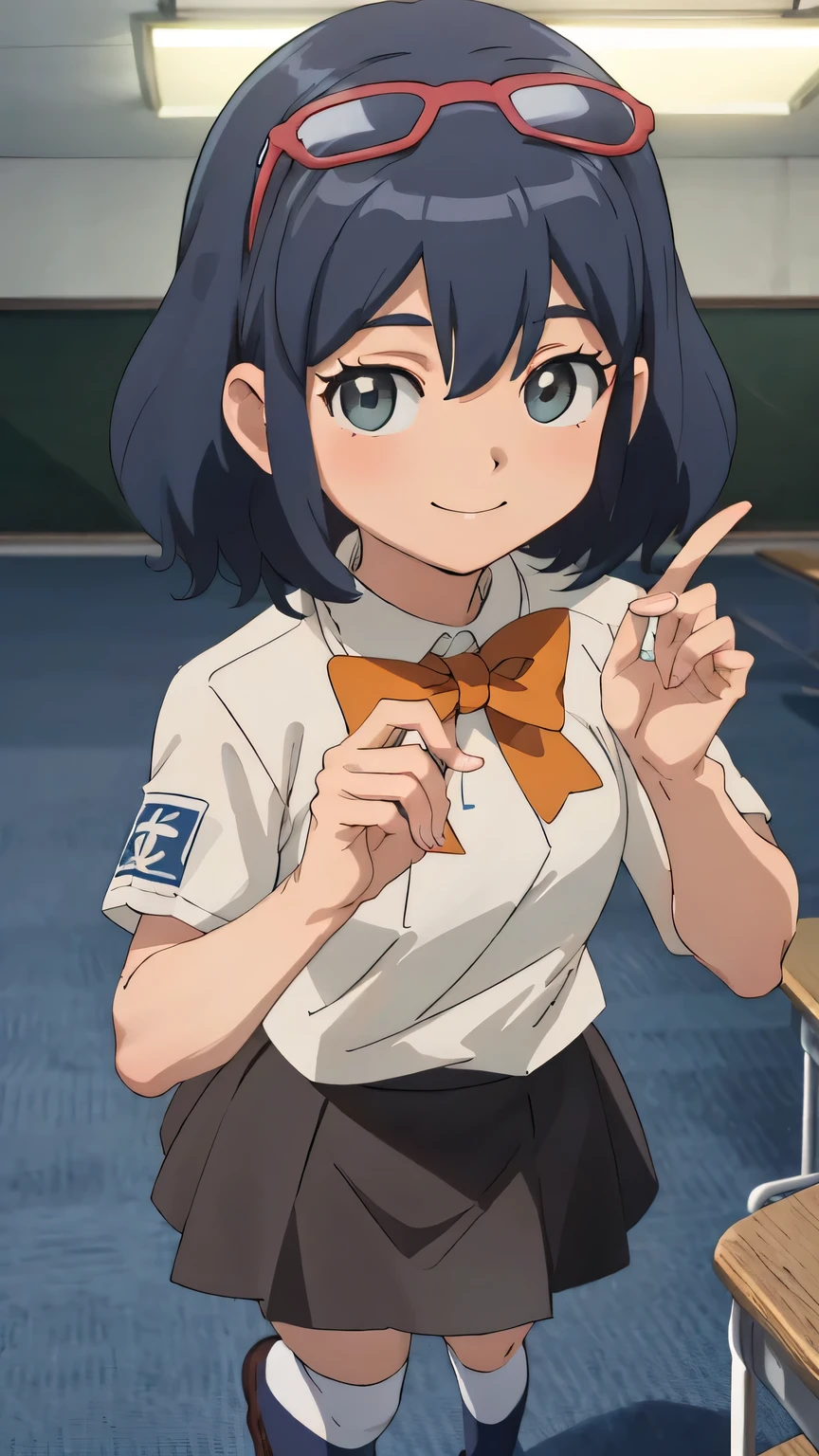 {{{masterpiece}}}, (best quality:1.5), (ultra-detailed:1.5), {illustration}, {{an extremely delicate and beautiful}}, (beautiful detailed eyes:1.6), absurdres, highres, extremely detailed face, 16k, hd, visual anime de uma jovem mulher, extremamente bonito rosto de anime, anime melhor garota, (perfect hands, perfect anatomy), (five fingers:1.1), anime face, Haruna Otonashi (Inazuma eleven), celia, 1girl, solo, cute face, blue hair, (short hair:1.2), wavy hair, eyewear on head, red glasses, grey eyes, big eyes,medium breasts, big hips, curvaceous, BREAK, {school uniform}, {raimon junior high school uniform}, (white shirt:1.3), short sleeve, orange ribbon tie, mini skirt, pleated skirt, gray skirt, kneehighs socks, black socks, brown shoes, BREAK,1girl, cowboy shot, kyoushitsu, classroom, indoors, school chair, school desk, chalkboard, window, ceiling light, curtains, smiling, from above, looking at viewer, daytime, flushed cheeks