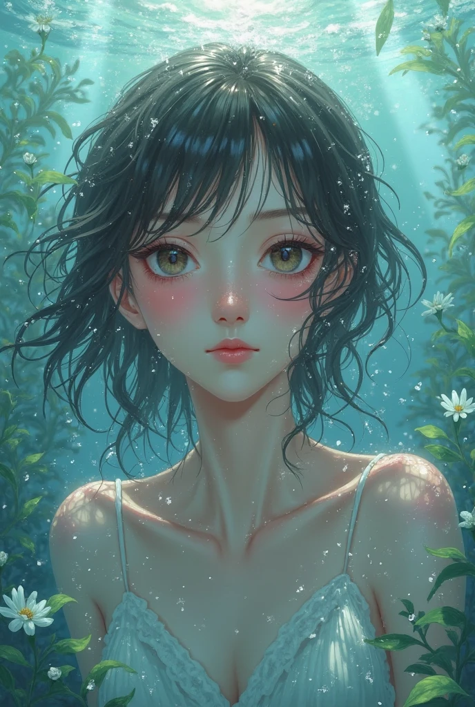 a woman bathing in a pond, several fish in the pond, facing the camera, beautiful detailed eyes, beautiful detailed lips, extremely detailed face, long eyelashes, serene expression, nude pose, wet skin, rippling water, natural lighting, realistic, photorealistic, 8k, high quality, masterpiece, vibrant colors, detailed background, nature scenery, realistic water ripples, detailed fish, elegant composition