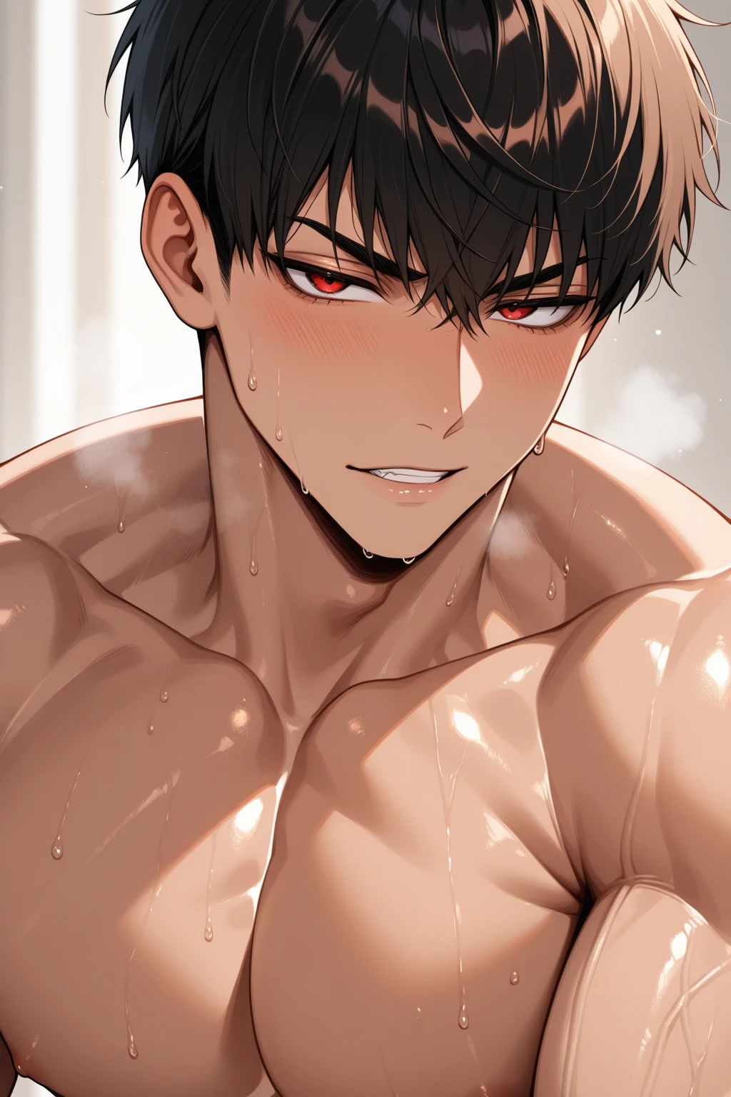 Angle from below,male, 30 years old,male1 person、,Adult,A sadistic atmosphere,Black Hair,Sharp Eye,Lewd Eyes,Take off your shirt,Face close-up,sweating,,smile,Background: Apartment room, intimate lighting, imminent sex, muscular, shirtless, lewd, horny look, choking viewer, pectorals showing, abs showing, sleeveless, no tie, one arm reaching to viewer, dark lighting