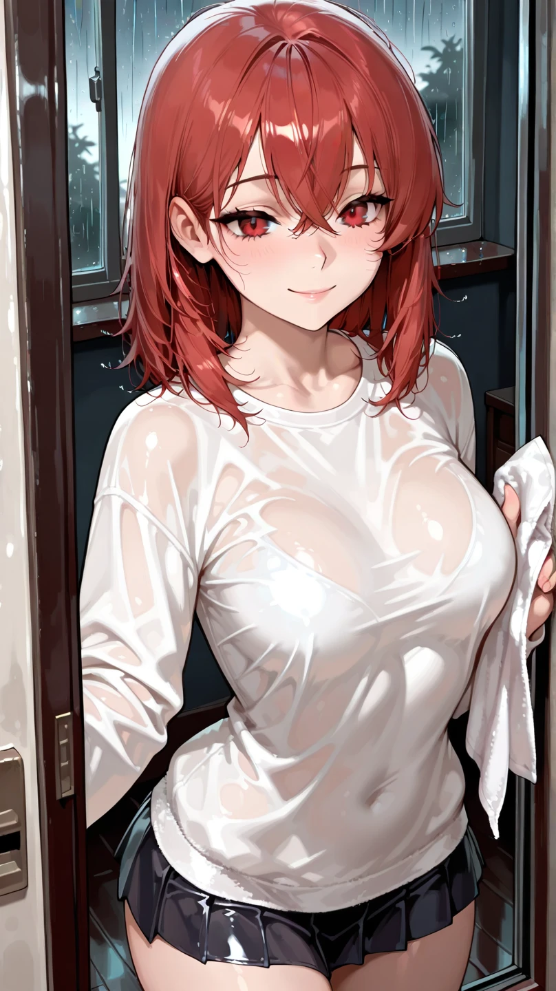 Girl, (closed eyes:1.2), (smile:1.1), red hair, disheveled hairstyle, white shirt, (wet clothes:1.2), nipples, soft focus, (retracing:1.3), professional processing, (hdr:1.2), ultradetalization