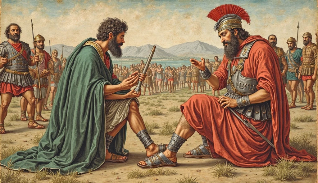 painting of a painting of a man standing in front of a crowd of people, by Pogus Caesar, historical artistic depiction, by Julius Exner, historical painting, by Eugenio de Arriba, by John Atherton, palatial scene, ancient roman painting, by Antonio Ciseri, by Alfons von Czibulka, by Marcello Bacciarelli