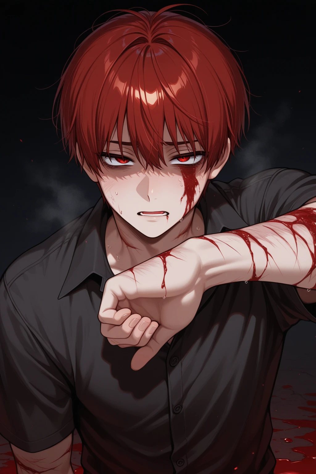 Young boy with handsome face, short red hair, Japanese haircut, gray eyes, long eyelashes, black collar, Japanese schoolboy outfit, behind broken glass, red liquid, sad expression, ultra-detailed, in shadow, scar, alone, demon shadow looming on wall, dark, horne, blood, bloody tear, demon, dark.