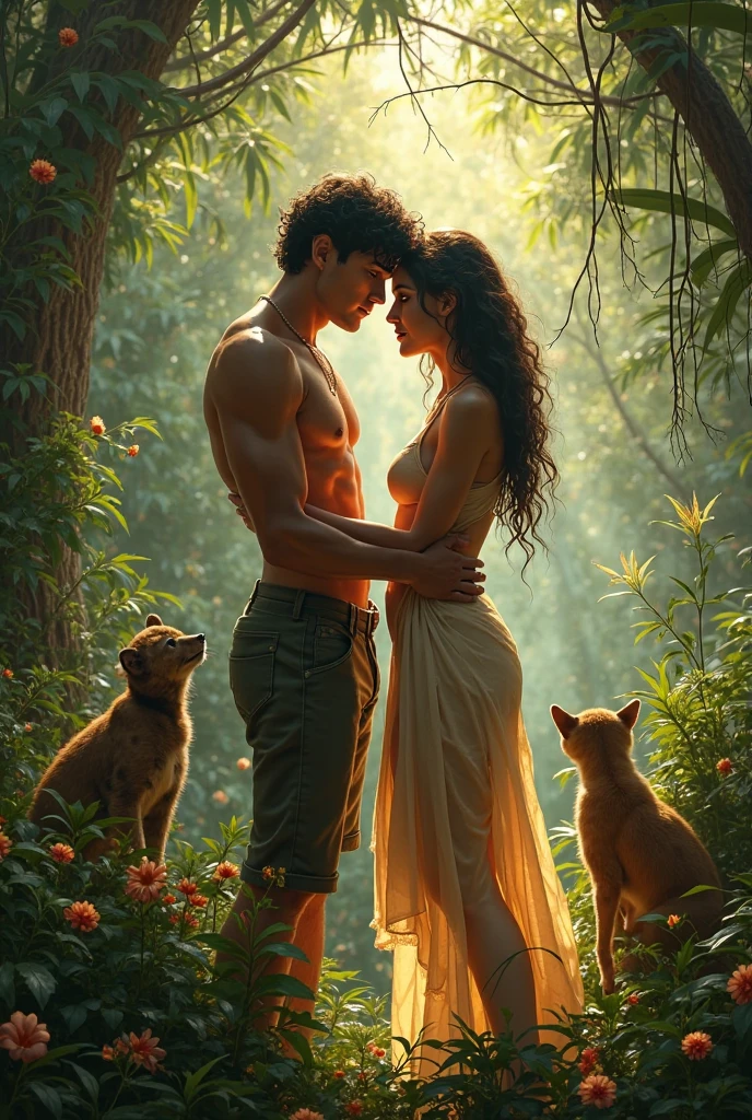 high quality, 8K Ultra HD, mal and giral open sex in jungle with animals lion , elephant and plants