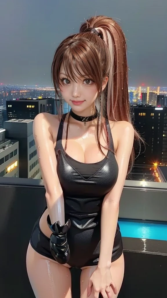 最high quality, 8K, masterpiece: 1.3, Ultra HD, high quality, 最high quality, High resolution, realism)) 、slender、slenderだがアスリートのような細マッチョ、I don't want my head to disappear from the screen.、Wear accessories on your wrist、Wearing red nail polish、I have a peticure、aerial perspective((atmospheric perspective))、smile((smiley))、background blur((depth of field)、Mini length cross halter neck((cross halter neck))Wear a dress、Wear stiletto heels、crystal earrings((crystal earrings))、chest pocket、Standing with your weight on the window display of a youth brand shop、fold your arms、Breasts on arms、Three-ply chignon((triple bun))、Cat ear headphones((cat ear headphones))